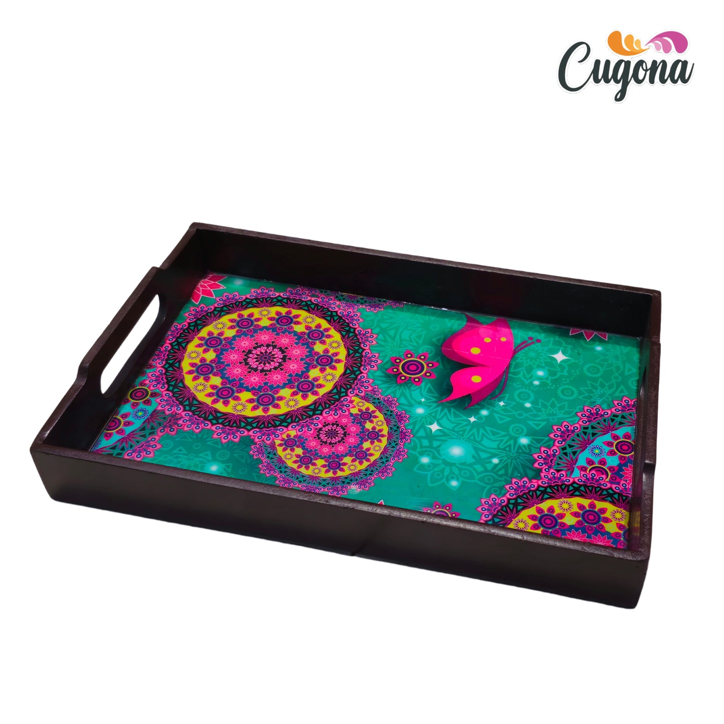 CUGONA® Wooden Serving Tray with Epoxy Resin Coating - 12x8 Inch Rectangular Tray, Glossy Finish, Lightweight & Multipurpose for Serving, Organizing, and Home Decor