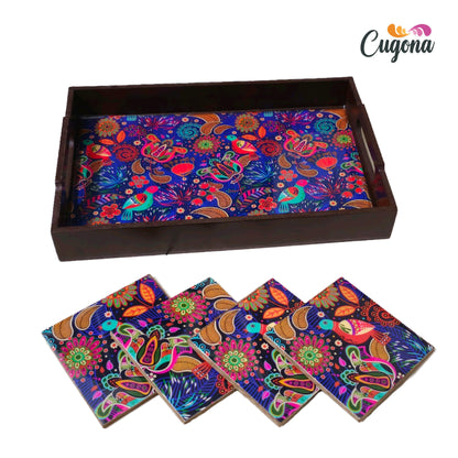 CUGONA® Wooden Serving Tray with Coaster Set of 4 - 12x8 Inch Rectangular Tray with Epoxy Resin Coating, Glossy Finish, Lightweight & Multipurpose for Serving, Organizing, and Home Decor