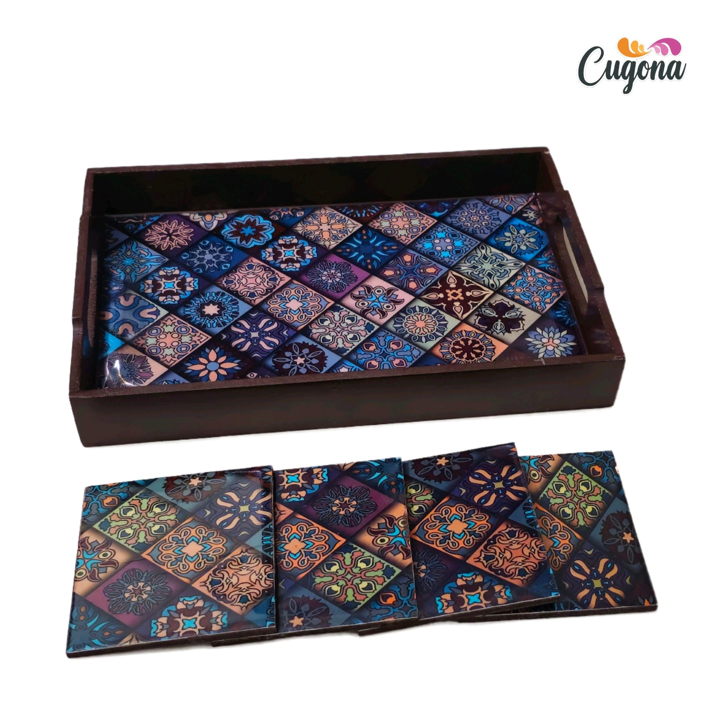 CUGONA® Wooden Serving Tray with Coaster Set of 4 - 12x8 Inch Rectangular Tray with Epoxy Resin Coating, Glossy Finish, Lightweight & Multipurpose for Serving, Organizing, and Home Decor