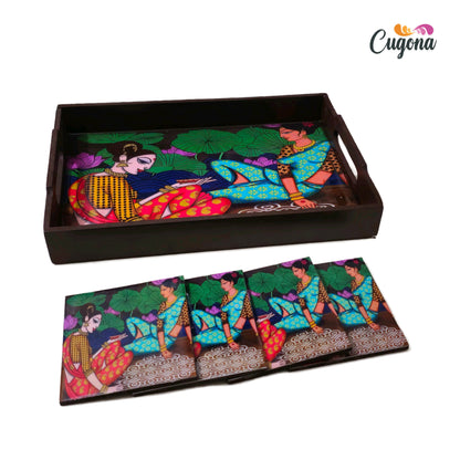 CUGONA® Wooden Serving Tray with Coaster Set of 4 - 12x8 Inch Rectangular Tray with Epoxy Resin Coating, Glossy Finish, Lightweight & Multipurpose for Serving, Organizing, and Home Decor