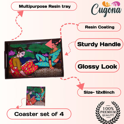 CUGONA® Wooden Serving Tray with Coaster Set of 4 - 12x8 Inch Rectangular Tray with Epoxy Resin Coating, Glossy Finish, Lightweight & Multipurpose for Serving, Organizing, and Home Decor