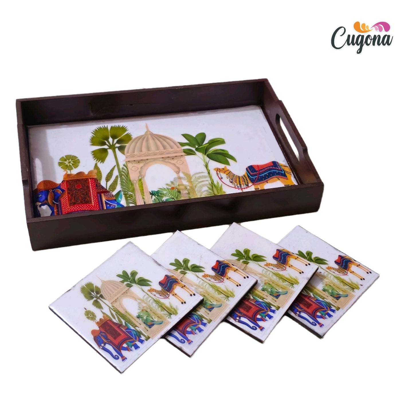 CUGONA® Wooden Serving Tray with Coaster Set of 4 - 12x8 Inch Rectangular Tray with Epoxy Resin Coating, Glossy Finish, Lightweight & Multipurpose for Serving, Organizing, and Home Decor