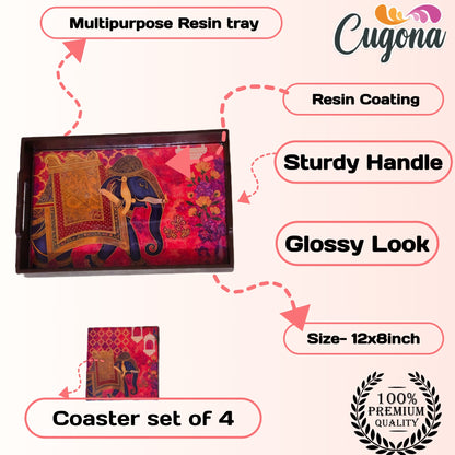 CUGONA® Wooden Serving Tray with Coaster Set of 4 - 12x8 Inch Rectangular Tray with Epoxy Resin Coating, Glossy Finish, Lightweight & Multipurpose for Serving, Organizing, and Home Decor