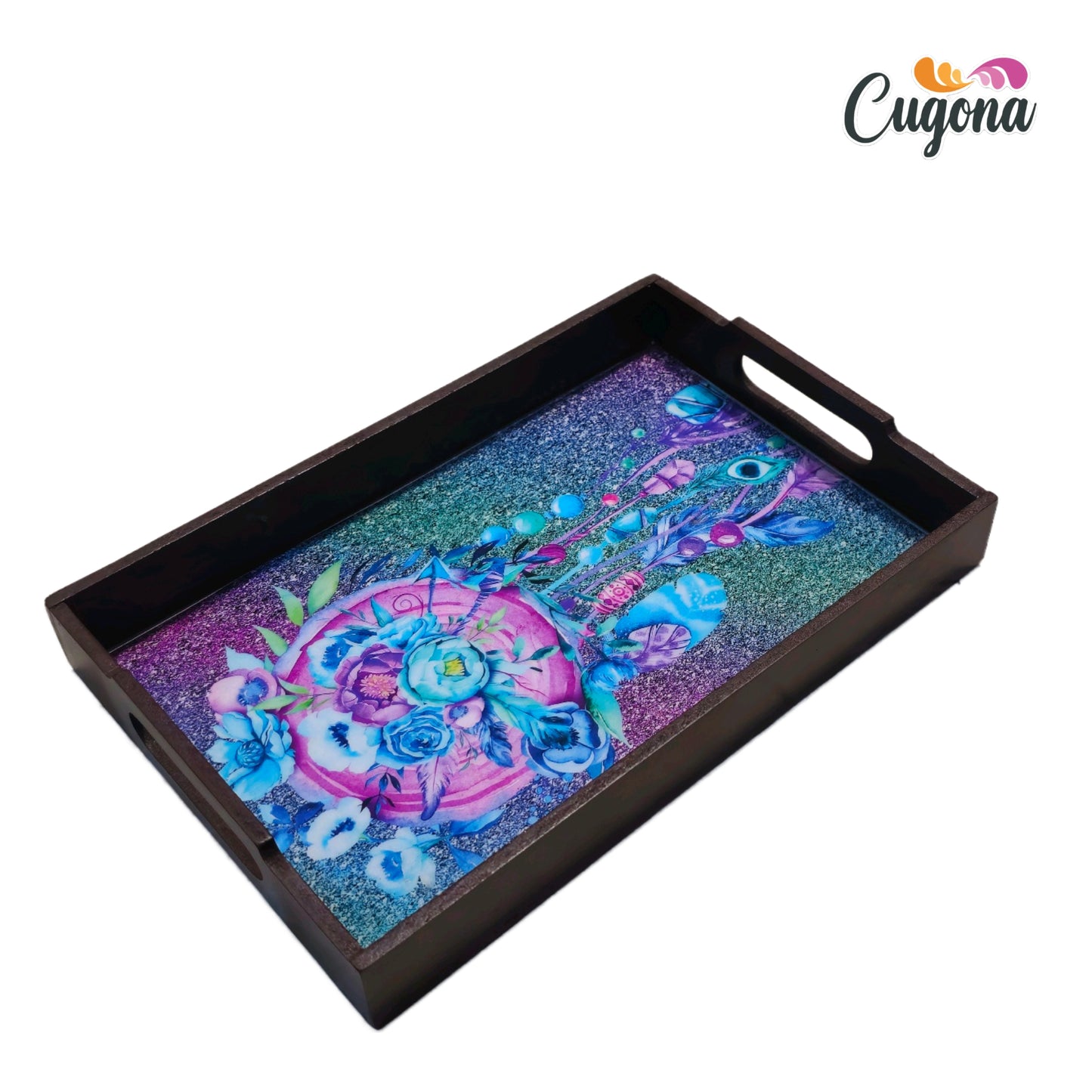 CUGONA® Wooden Serving Tray with Epoxy Resin Coating - 12x8 Inch Rectangular Tray, Glossy Finish, Lightweight & Multipurpose for Serving, Organizing, and Home Decor