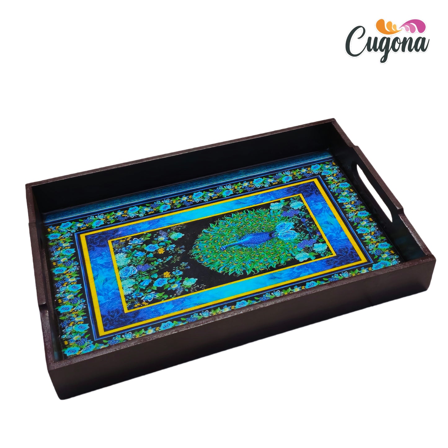 CUGONA® Wooden Serving Tray with Epoxy Resin Coating - 12x8 Inch Rectangular Tray, Glossy Finish, Lightweight & Multipurpose for Serving, Organizing, and Home Decor