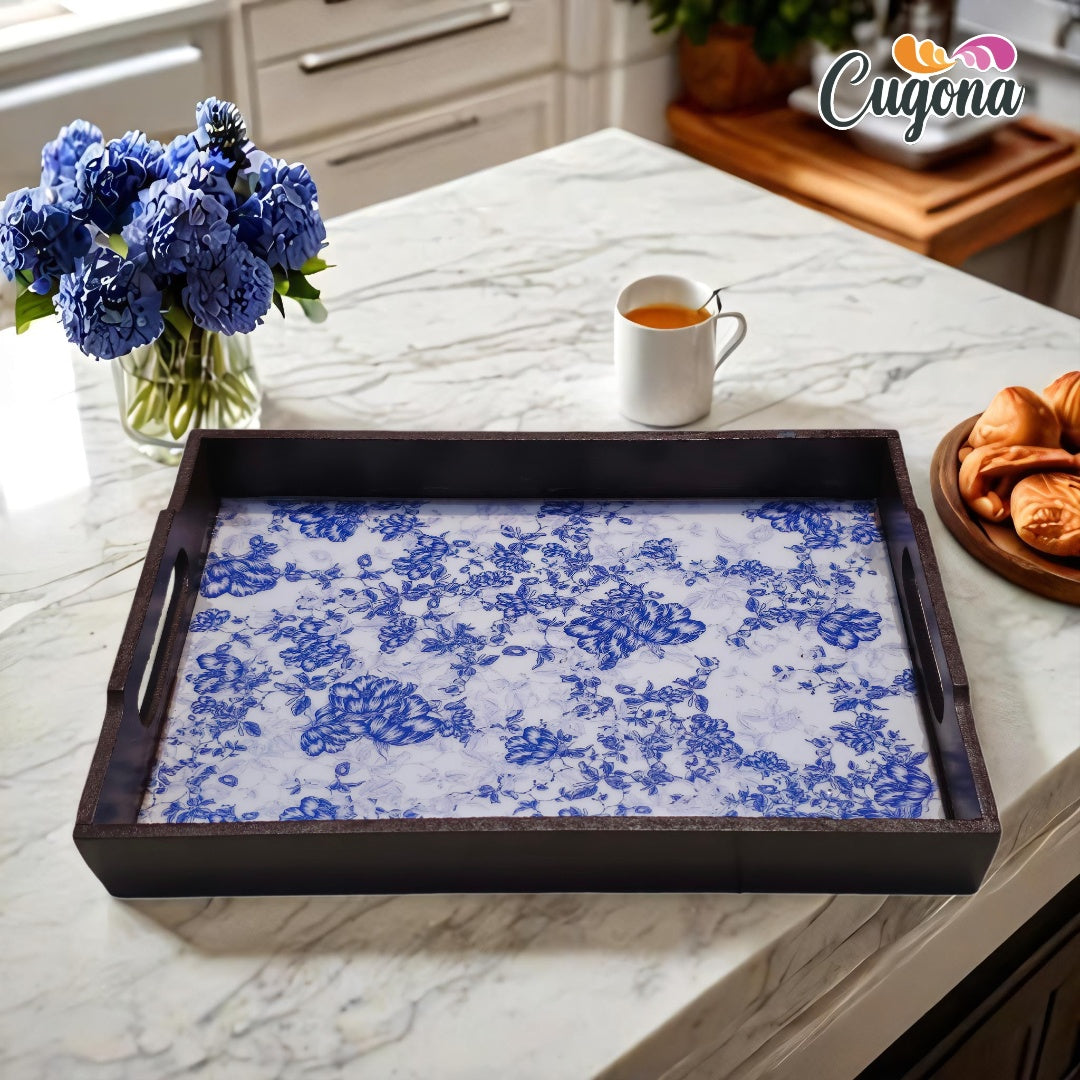 CUGONA® Wooden Serving Tray with Epoxy Resin Coating - 12x8 Inch Rectangular Tray, Glossy Finish, Lightweight & Multipurpose for Serving, Organizing, and Home Decor