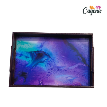 CUGONA® Wooden Serving Tray with Epoxy Resin Coating - 12x8 Inch Rectangular Tray, Glossy Finish, Lightweight & Multipurpose for Serving, Organizing, and Home Decor