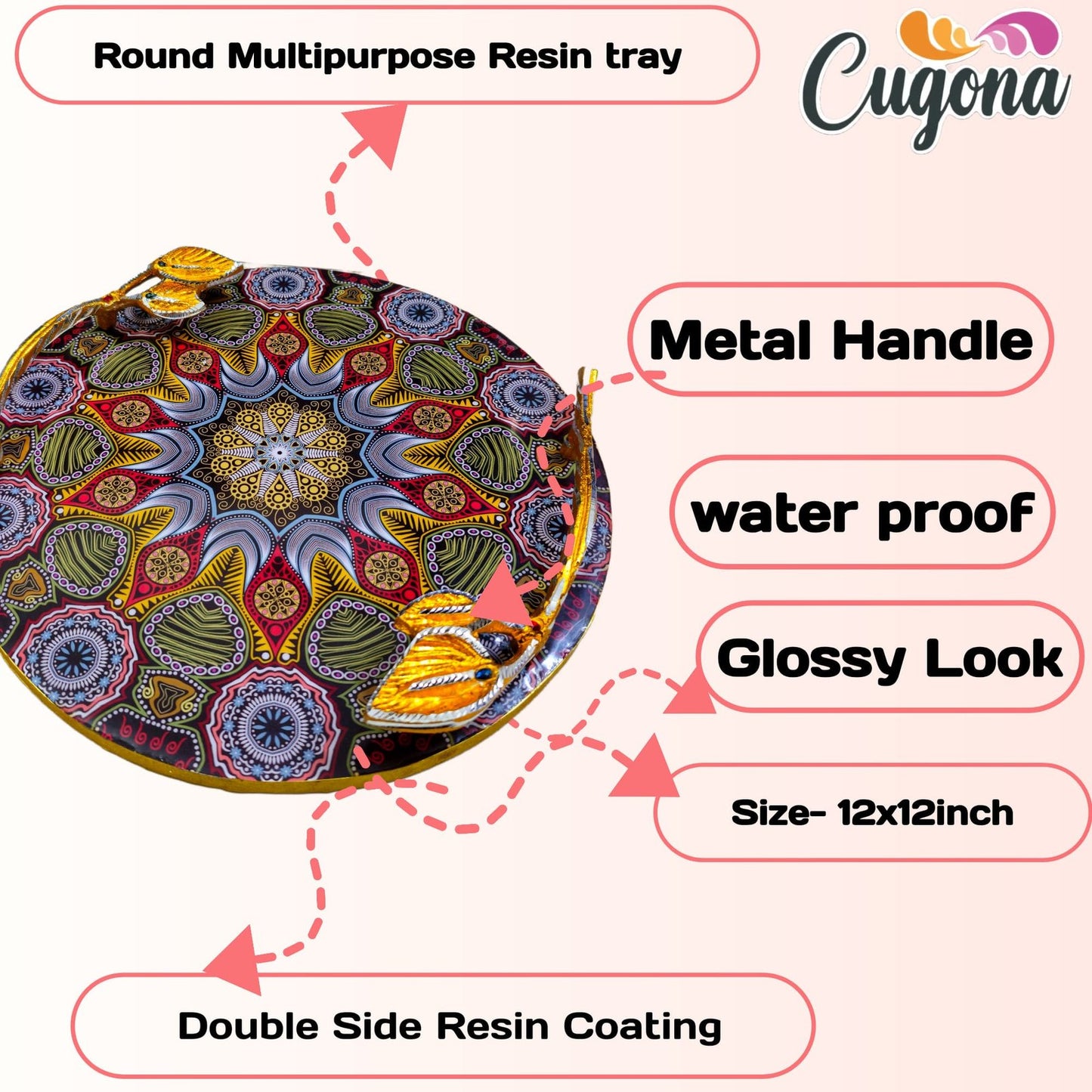 Round Serving Tray with Golden Metal Handles –12x12 Inch Resin tray