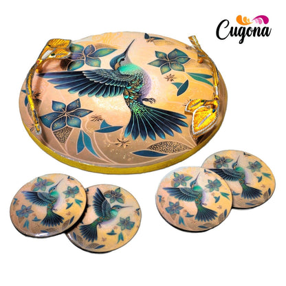 Round Serving Tray with Golden Metal Handles –12x12 Inch Resin tray  with 4 coasters