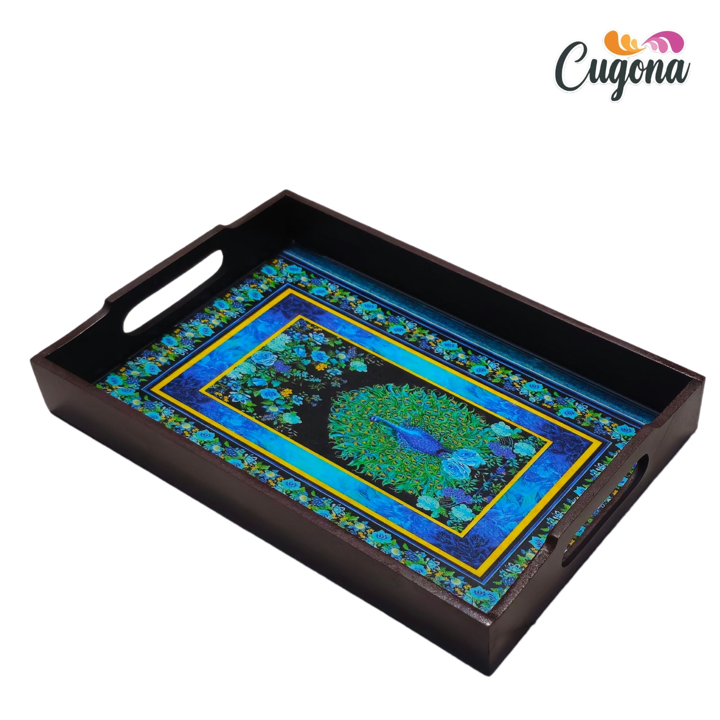 CUGONA® Wooden Serving Tray with Epoxy Resin Coating - 12x8 Inch Rectangular Tray, Glossy Finish, Lightweight & Multipurpose for Serving, Organizing, and Home Decor