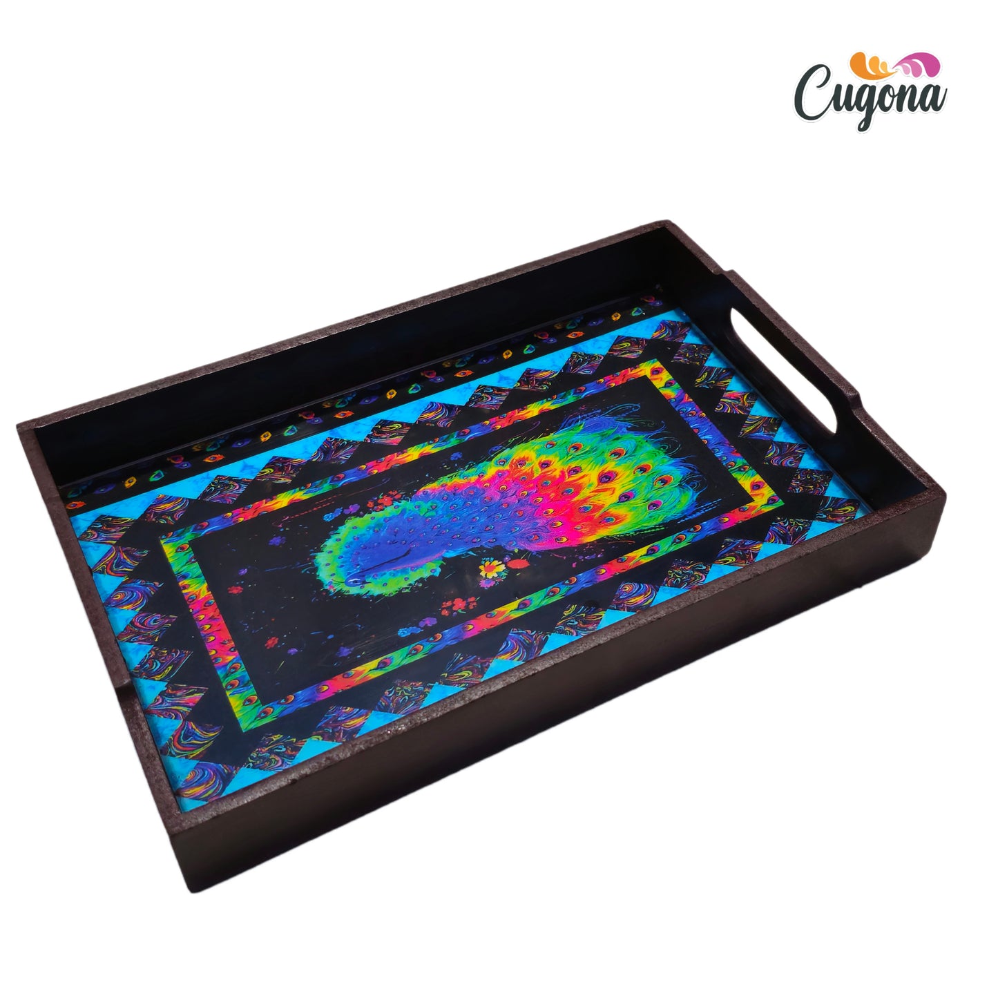 CUGONA® Wooden Serving Tray with Epoxy Resin Coating - 12x8 Inch Rectangular Tray, Glossy Finish, Lightweight & Multipurpose for Serving, Organizing, and Home Decor