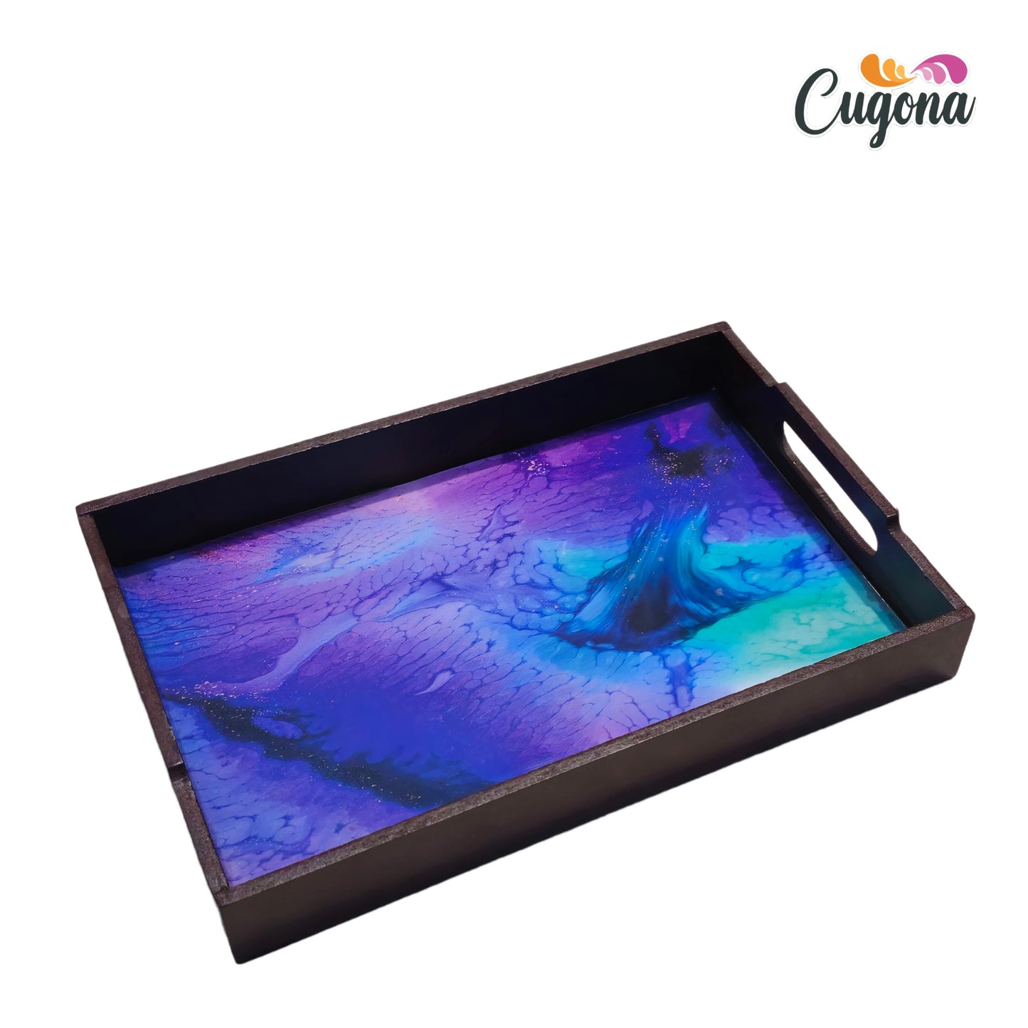 CUGONA® Wooden Serving Tray with Epoxy Resin Coating - 12x8 Inch Rectangular Tray, Glossy Finish, Lightweight & Multipurpose for Serving, Organizing, and Home Decor