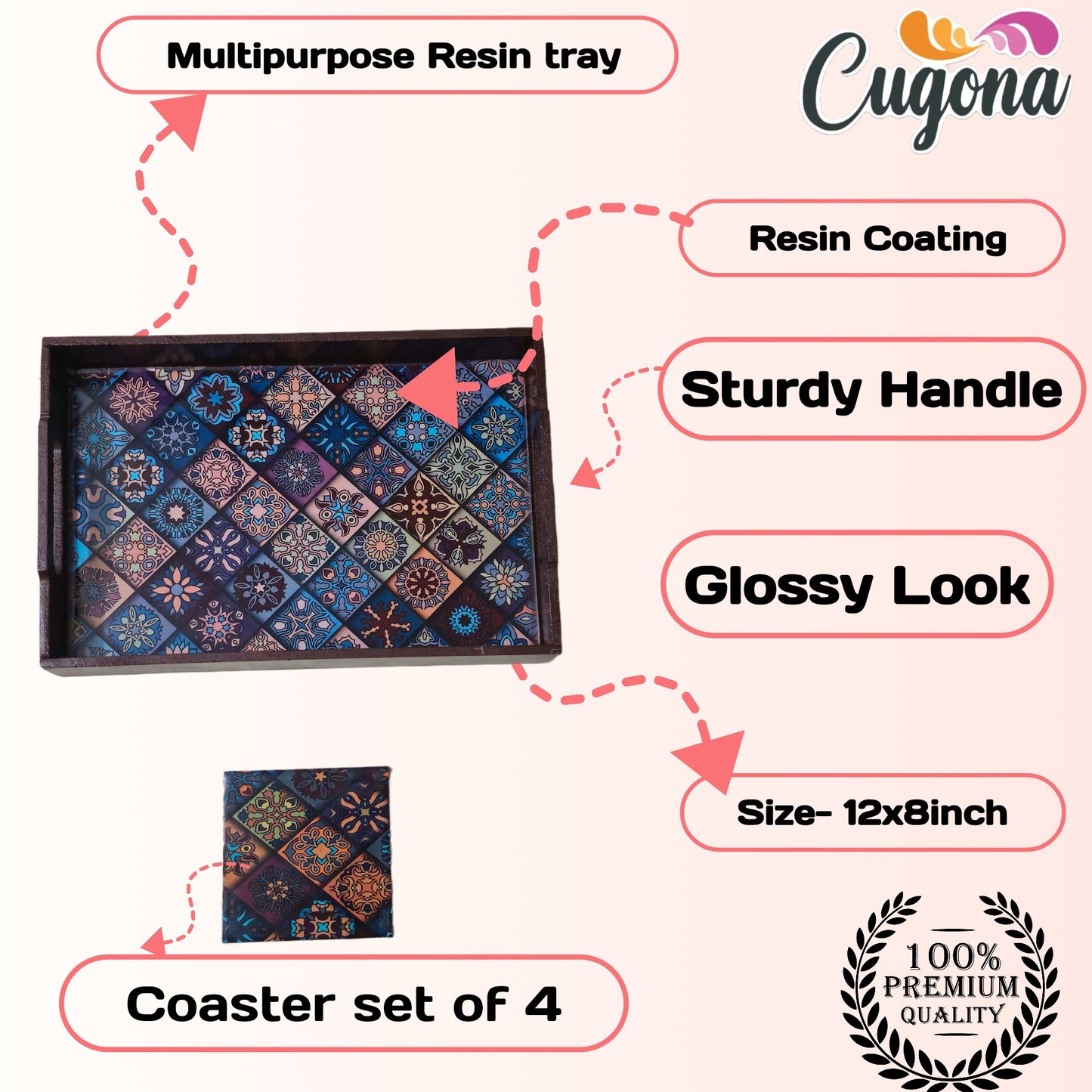 CUGONA® Wooden Serving Tray with Coaster Set of 4 - 12x8 Inch Rectangular Tray with Epoxy Resin Coating, Glossy Finish, Lightweight & Multipurpose for Serving, Organizing, and Home Decor