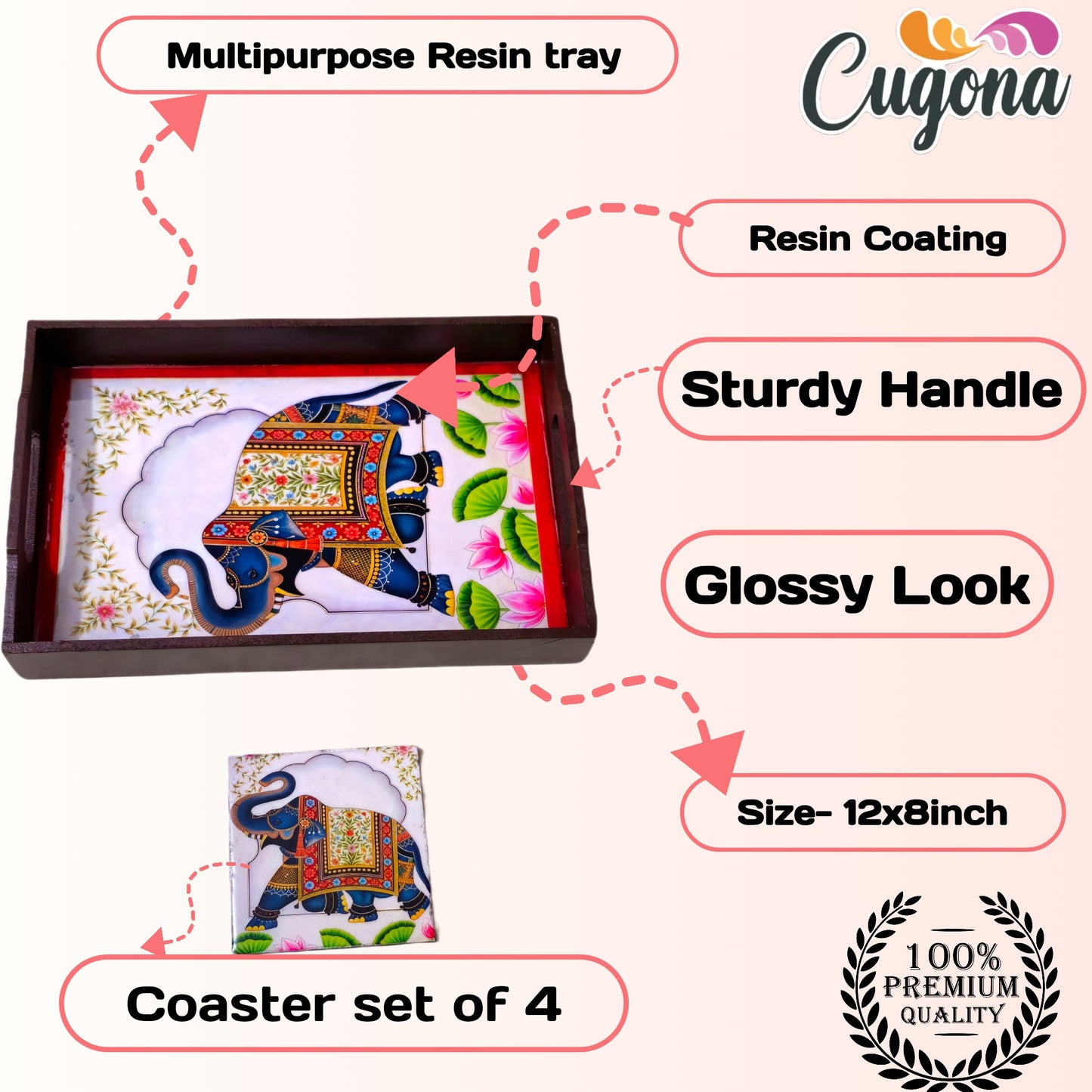 CUGONA® Wooden Serving Tray with Coaster Set of 4 - 12x8 Inch Rectangular Tray with Epoxy Resin Coating, Glossy Finish, Lightweight & Multipurpose for Serving, Organizing, and Home Decor