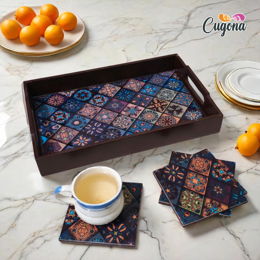 CUGONA® Wooden Serving Tray with Coaster Set of 4 - 12x8 Inch Rectangular Tray with Epoxy Resin Coating, Glossy Finish, Lightweight & Multipurpose for Serving, Organizing, and Home Decor