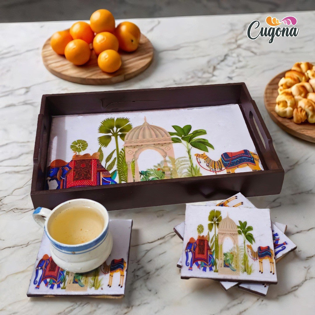 CUGONA® Wooden Serving Tray with Coaster Set of 4 - 12x8 Inch Rectangular Tray with Epoxy Resin Coating, Glossy Finish, Lightweight & Multipurpose for Serving, Organizing, and Home Decor