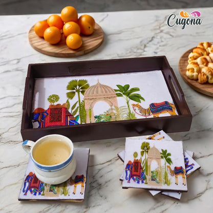 CUGONA® Wooden Serving Tray with Coaster Set of 4 - 12x8 Inch Rectangular Tray with Epoxy Resin Coating, Glossy Finish, Lightweight & Multipurpose for Serving, Organizing, and Home Decor