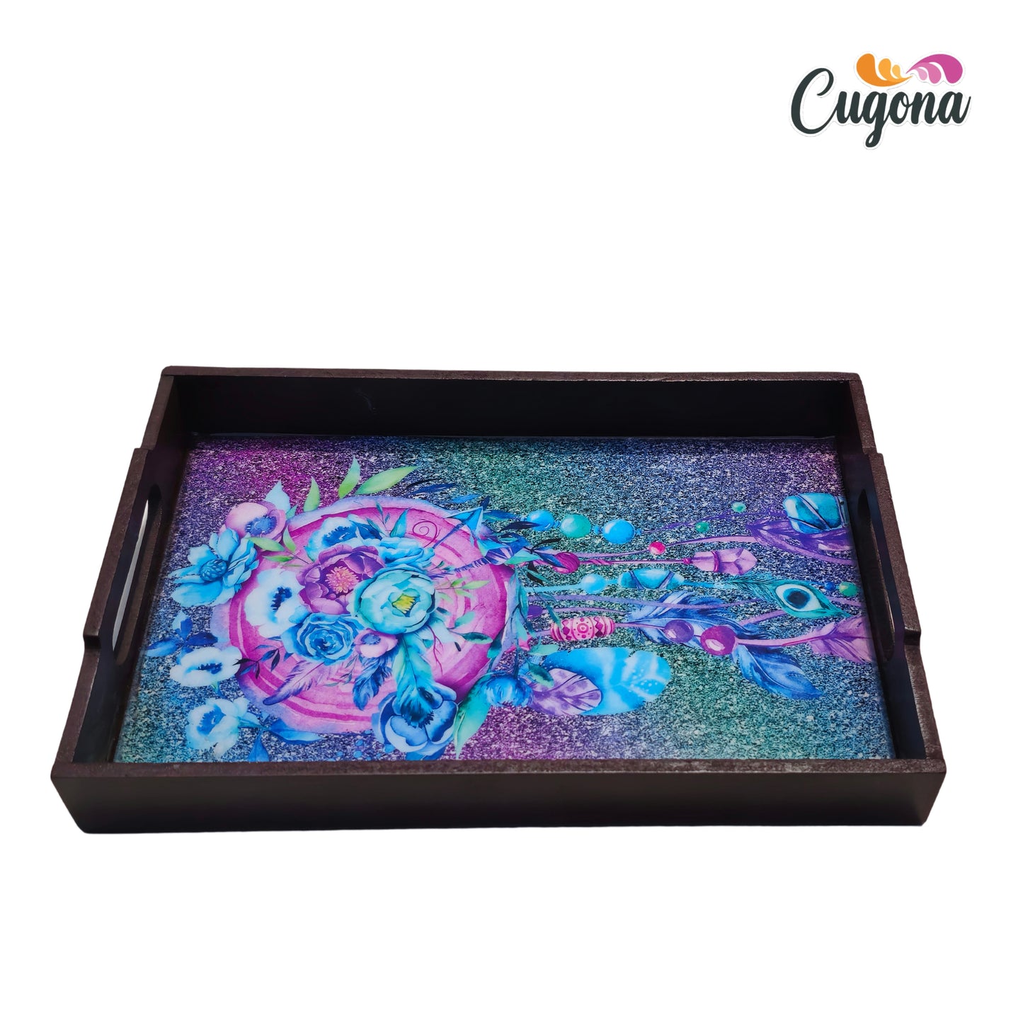 CUGONA® Wooden Serving Tray with Epoxy Resin Coating - 12x8 Inch Rectangular Tray, Glossy Finish, Lightweight & Multipurpose for Serving, Organizing, and Home Decor