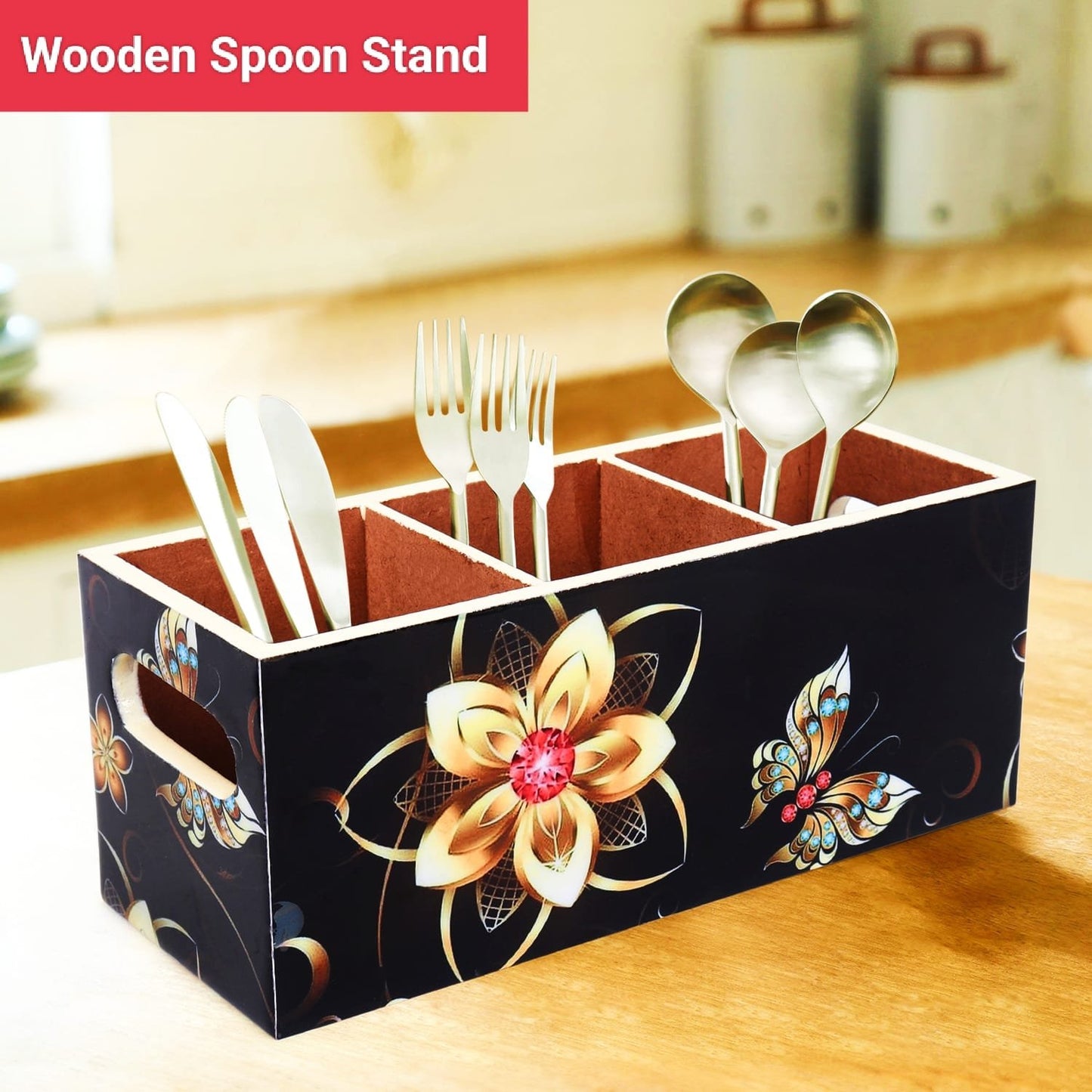 Wooden Cutlery Holder - 3 Section, Engineered Wood with Epoxy Resin Coating - multipurpose holder