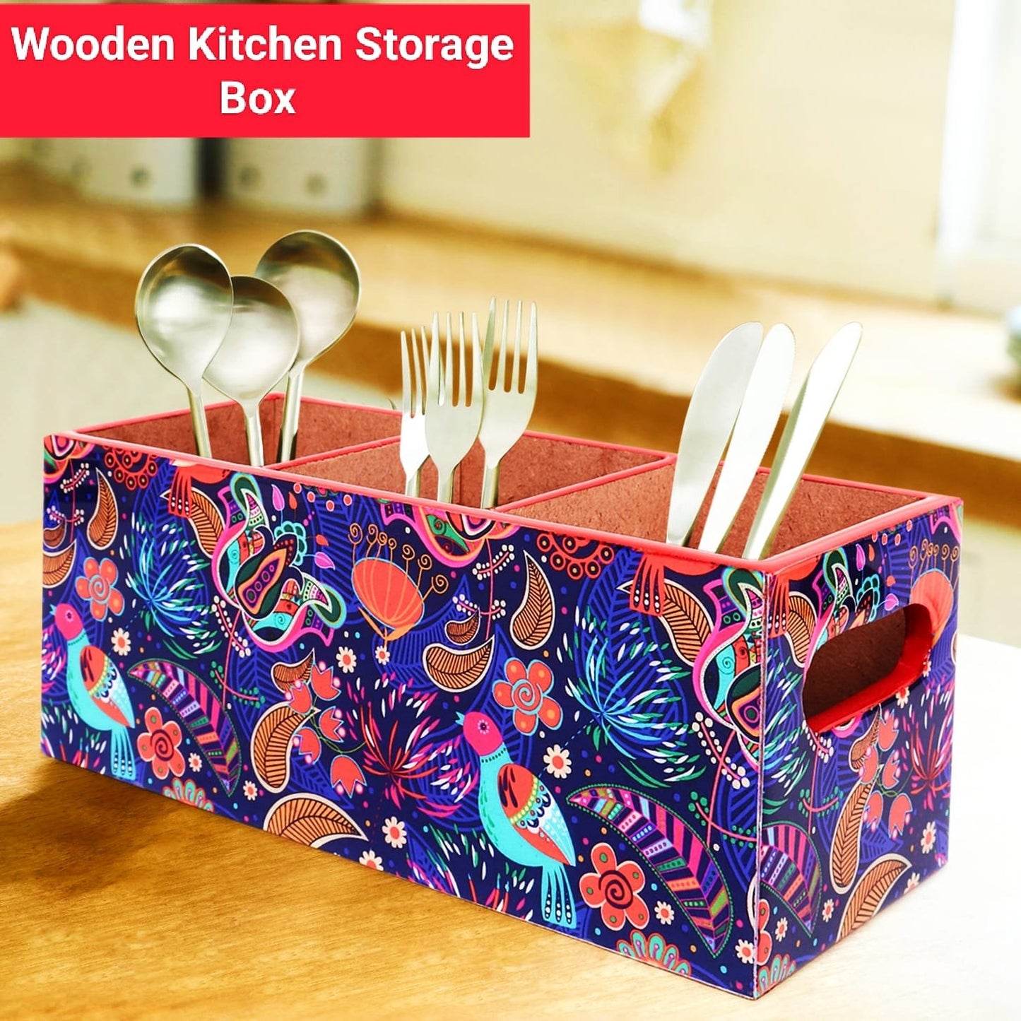 CUGONA wooden cutlery holder -3 Section, Engineered Wood with Epoxy Resin Coating, multipurpose holder premium quality