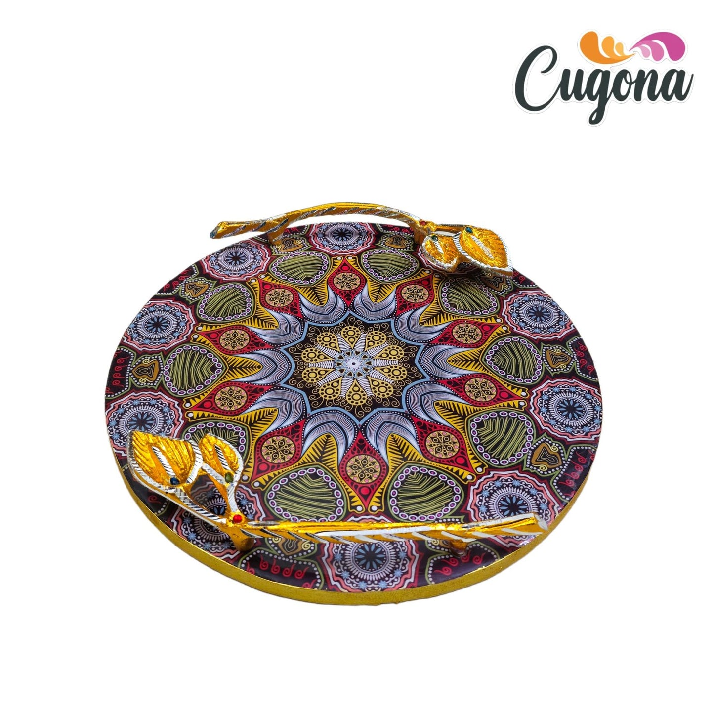 Round Serving Tray with Golden Metal Handles –12x12 Inch Resin tray