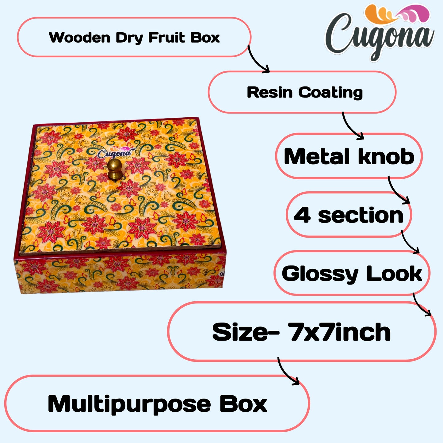 Wooden Dry Fruit Box container with lid- 7x7 Inch   4 Sections