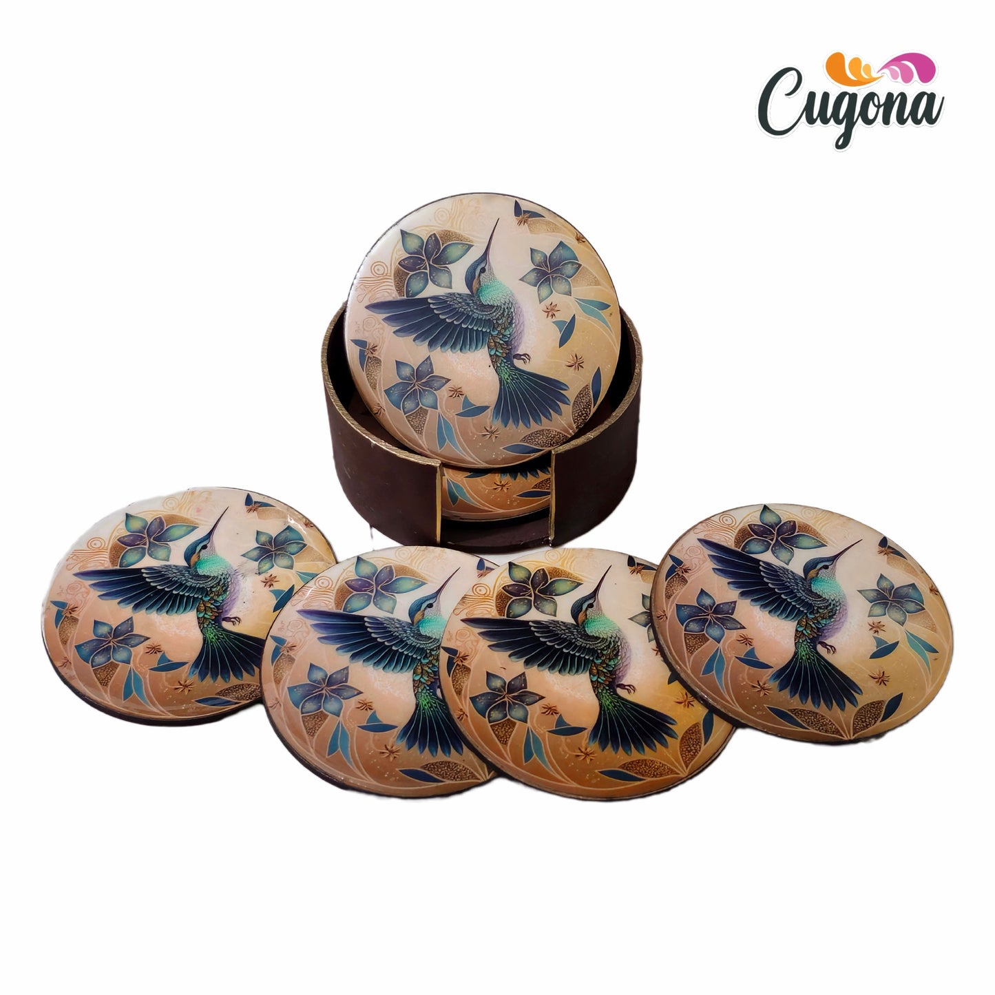 CUGONA® Wooden Coaster Set of 6 with Holder - Round, Glossy Epoxy Resin Finish, Tabletop Protection for Home, Office, and Gifting