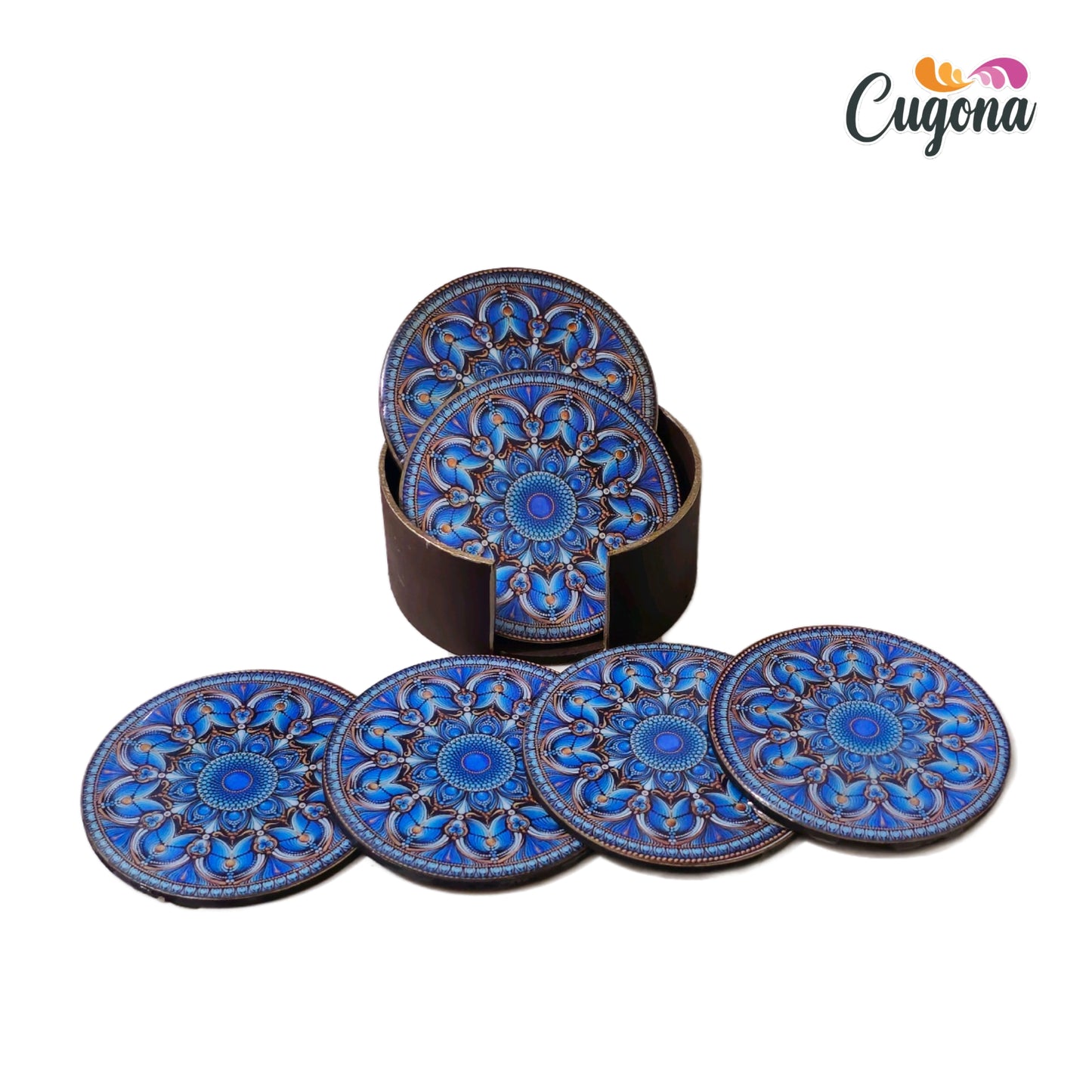 CUGONA® Wooden Coaster Set of 6 with Holder - Round, Glossy Epoxy Resin Finish, Tabletop Protection for Home, Office, and Gifting