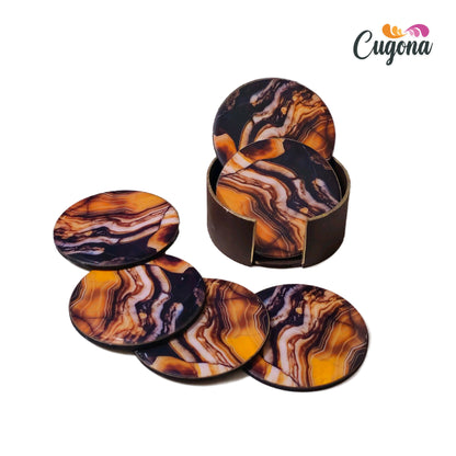 CUGONA® Wooden Coaster Set of 6 with Holder - Round, Glossy Epoxy Resin Finish, Tabletop Protection for Home, Office, and Gifting