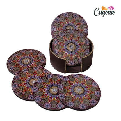 CUGONA® Wooden Coaster Set of 6 with Holder - Round, Glossy Epoxy Resin Finish, Tabletop Protection for Home, Office, and Gifting