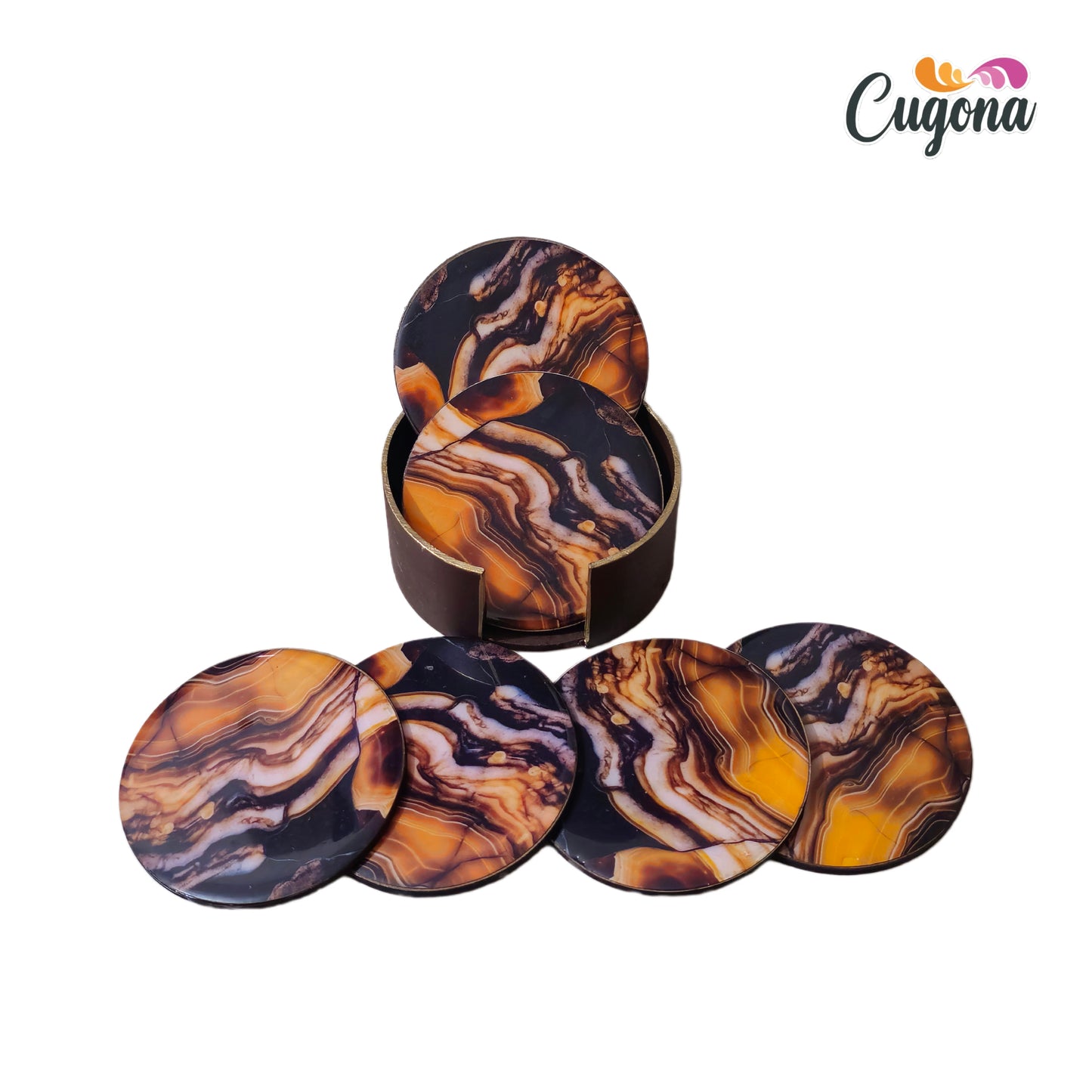 CUGONA® Wooden Coaster Set of 6 with Holder - Round, Glossy Epoxy Resin Finish, Tabletop Protection for Home, Office, and Gifting