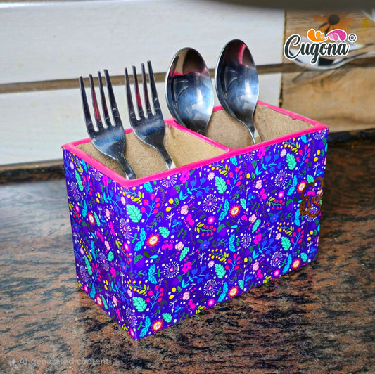 Wooden Cutlery Holder - 2 Section, Engineered Wood with Epoxy Resin Coating - multipurpose holder