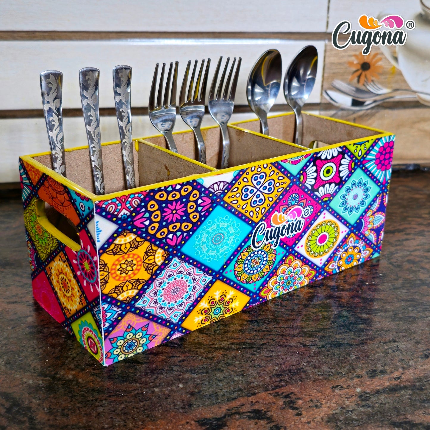 CUGONA Wooden Cutlery Holder - 3 Section,  Engineered Wood with Epoxy Resin Coating, multipurpose stand