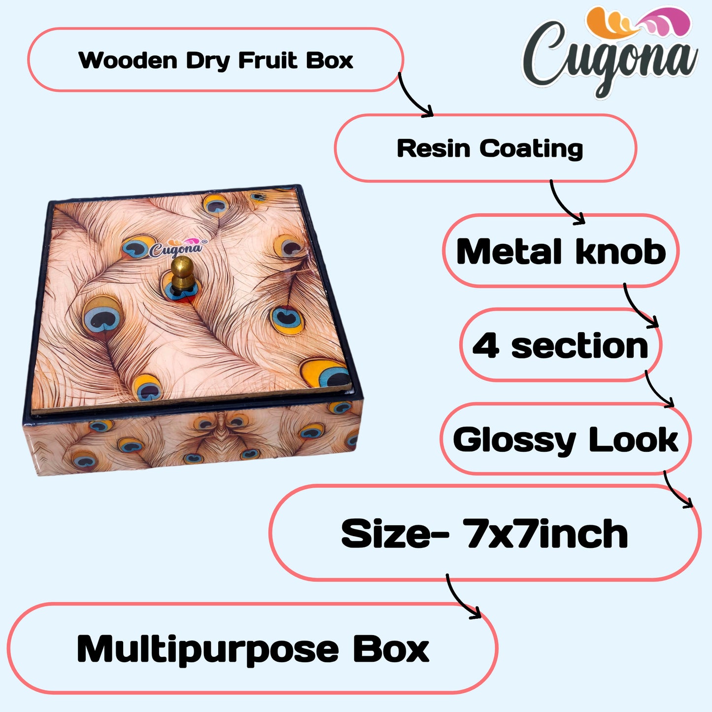 Wooden Dry Fruit Box container with lid- 7x7 Inch   4 Sections