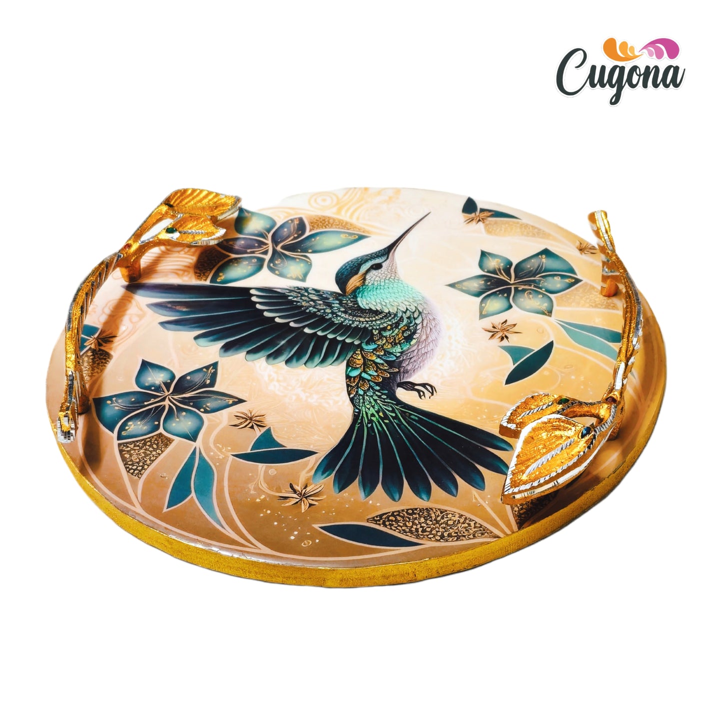 Round Serving Tray with Golden Metal Handles –12×12 Inch Resin tray