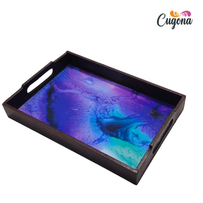 CUGONA® Wooden Serving Tray with Epoxy Resin Coating - 12x8 Inch Rectangular Tray, Glossy Finish, Lightweight & Multipurpose for Serving, Organizing, and Home Decor