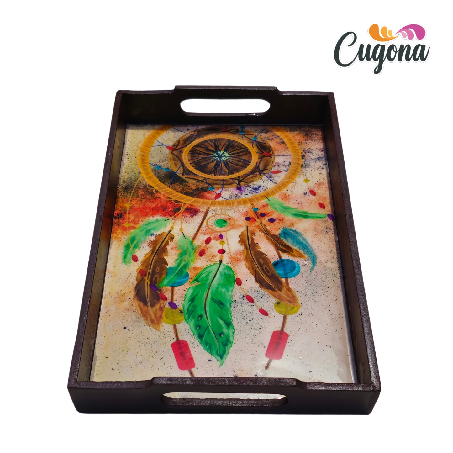 CUGONA® Wooden Serving Tray with Epoxy Resin Coating - 12x8 Inch Rectangular Tray, Glossy Finish, Lightweight & Multipurpose for Serving, Organizing, and Home Decor