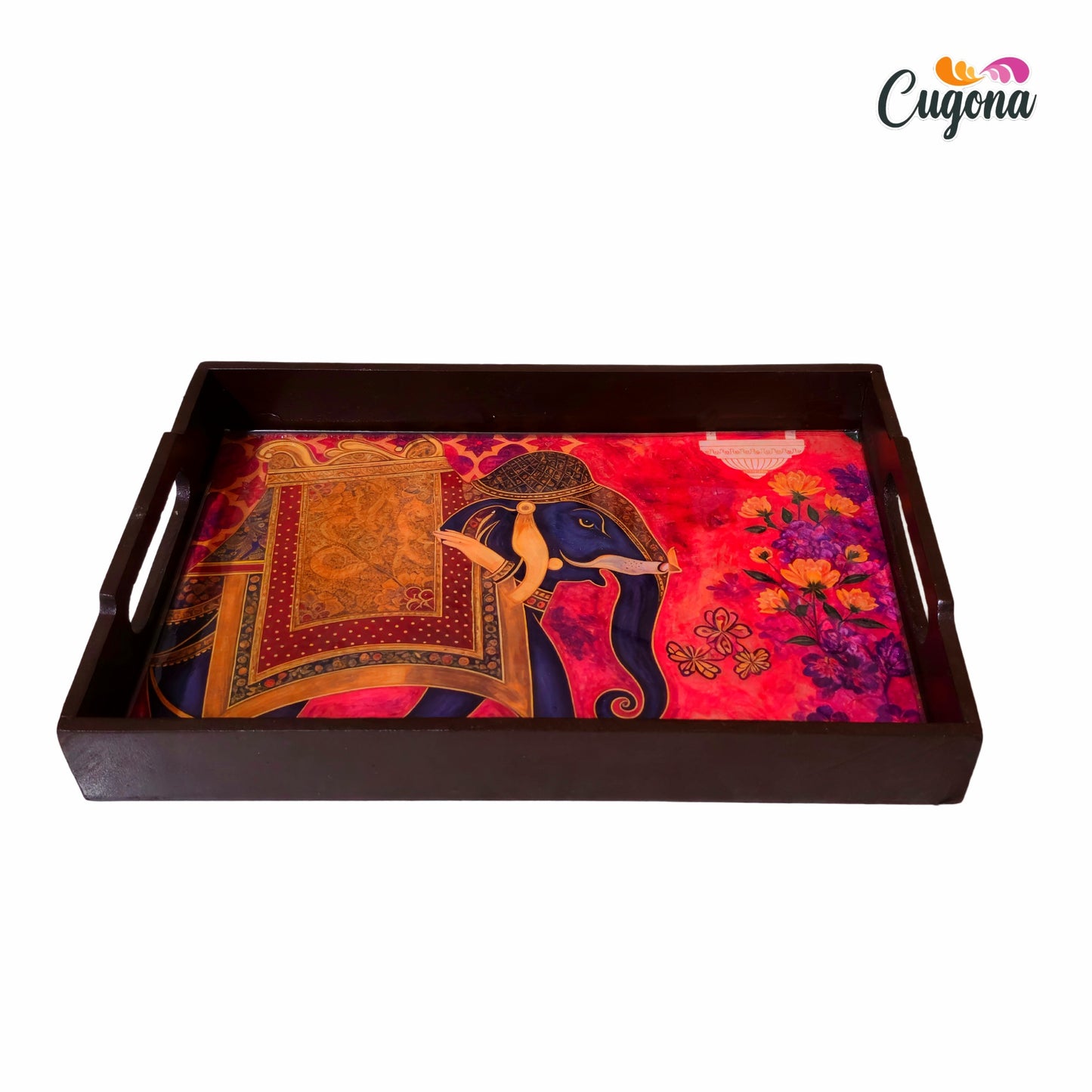 CUGONA® Wooden Serving Tray with Coaster Set of 4 - 12x8 Inch Rectangular Tray with Epoxy Resin Coating, Glossy Finish, Lightweight & Multipurpose for Serving, Organizing, and Home Decor