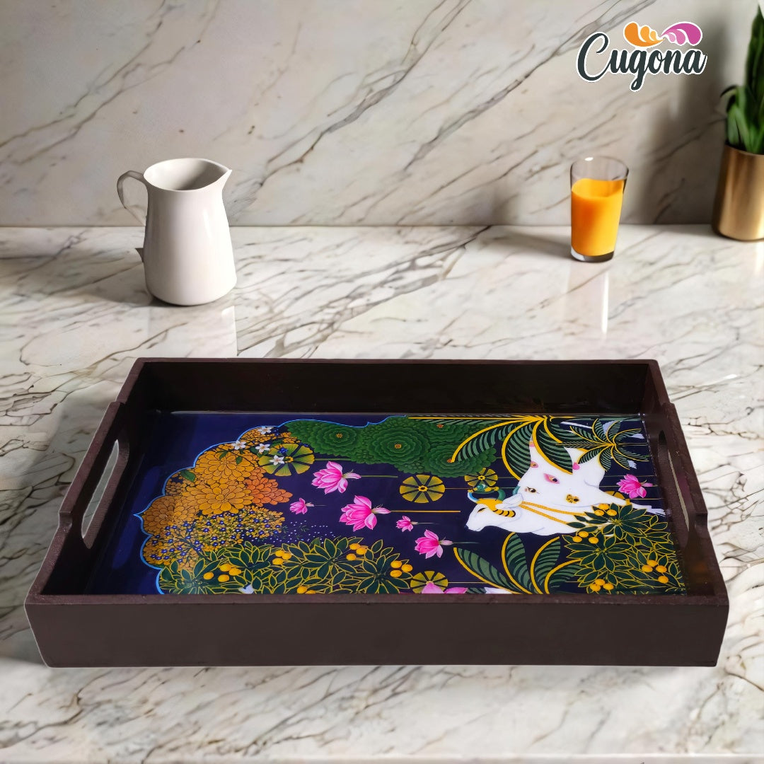 CUGONA® Wooden Serving Tray with Epoxy Resin Coating - 12x8 Inch Rectangular Tray, Glossy Finish, Lightweight & Multipurpose for Serving, Organizing, and Home Decor