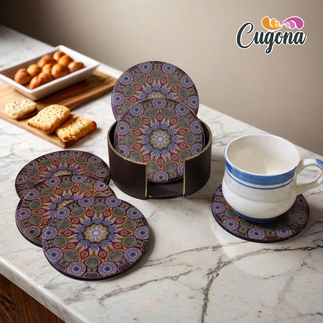 CUGONA® Wooden Coaster Set of 6 with Holder - Round, Glossy Epoxy Resin Finish, Tabletop Protection for Home, Office, and Gifting