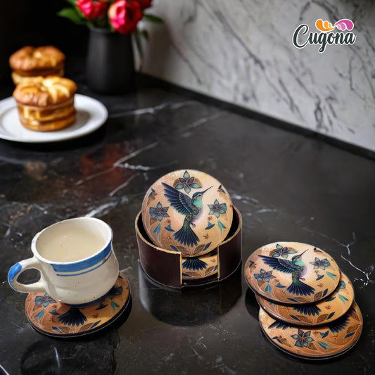 CUGONA® Wooden Coaster Set of 6 with Holder - Round, Glossy Epoxy Resin Finish, Tabletop Protection for Home, Office, and Gifting