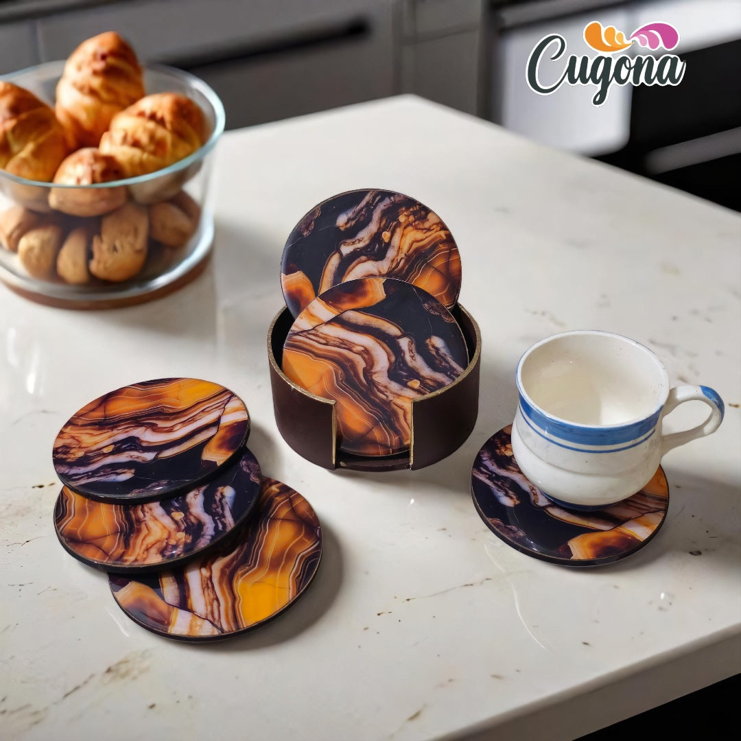 CUGONA® Wooden Coaster Set of 6 with Holder - Round, Glossy Epoxy Resin Finish, Tabletop Protection for Home, Office, and Gifting