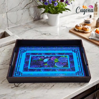 CUGONA® Wooden Serving Tray with Epoxy Resin Coating - 12x8 Inch Rectangular Tray, Glossy Finish, Lightweight & Multipurpose for Serving, Organizing, and Home Decor