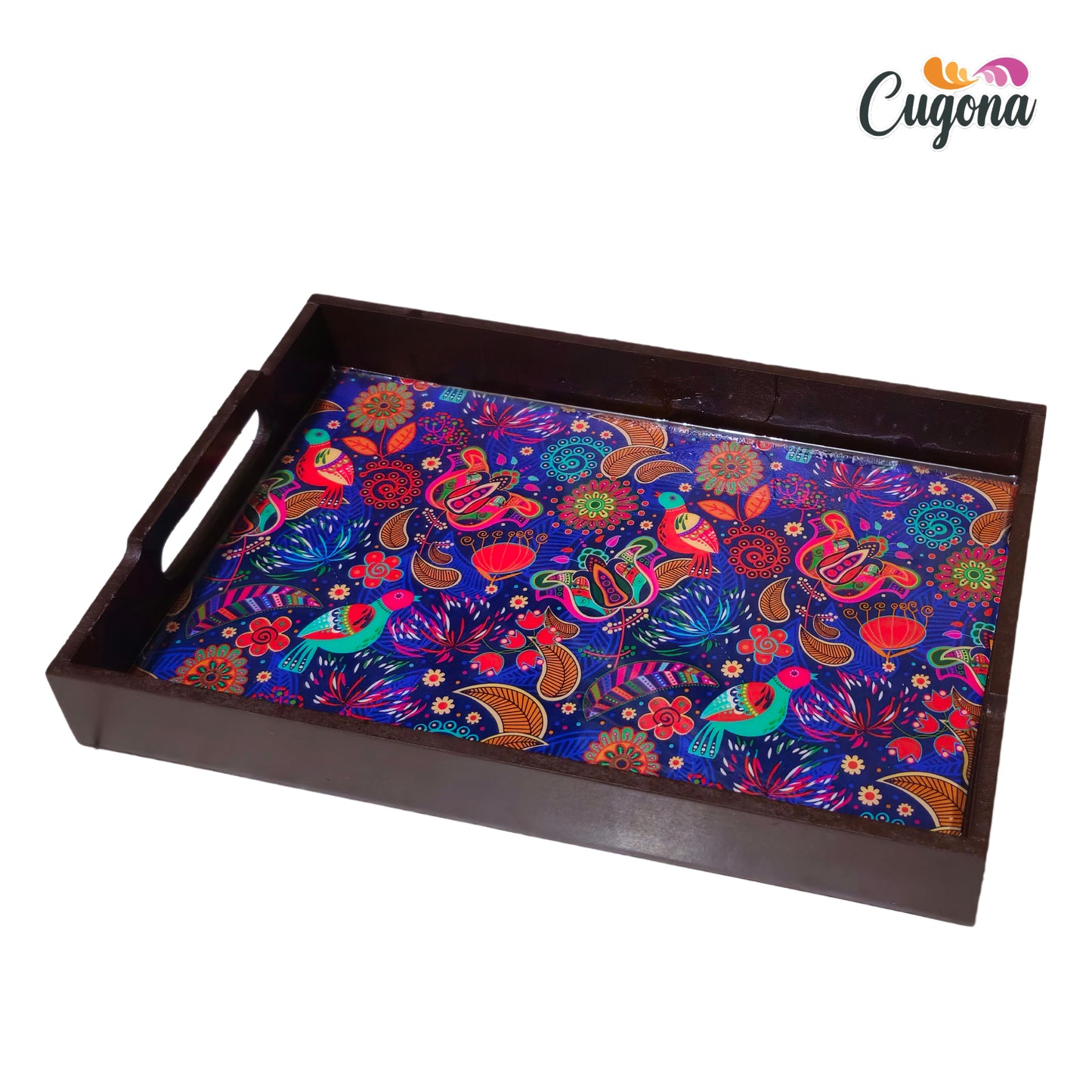 CUGONA® Wooden Serving Tray with Coaster Set of 4 - 12x8 Inch Rectangular Tray with Epoxy Resin Coating, Glossy Finish, Lightweight & Multipurpose for Serving, Organizing, and Home Decor