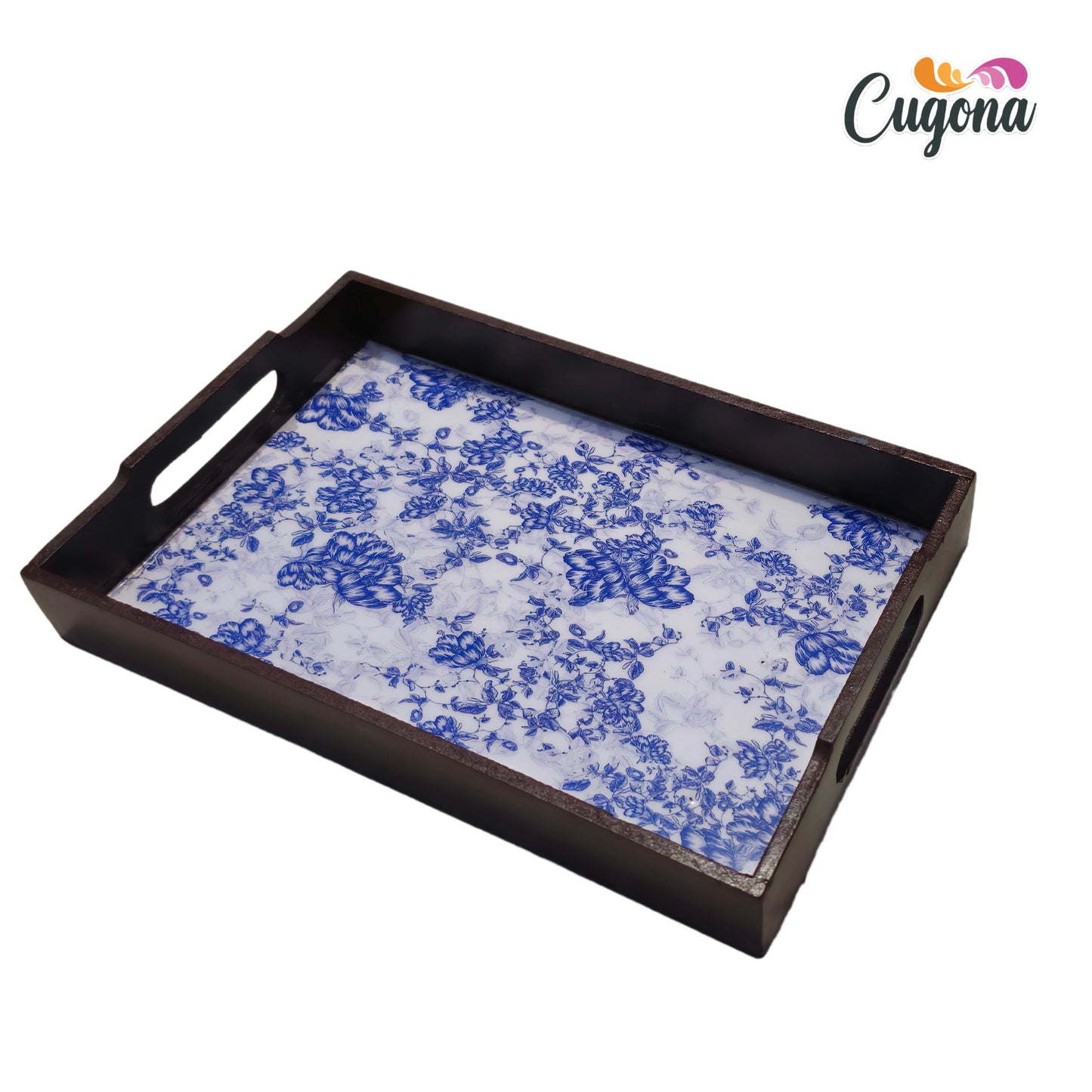 CUGONA® Wooden Serving Tray with Epoxy Resin Coating - 12x8 Inch Rectangular Tray, Glossy Finish, Lightweight & Multipurpose for Serving, Organizing, and Home Decor