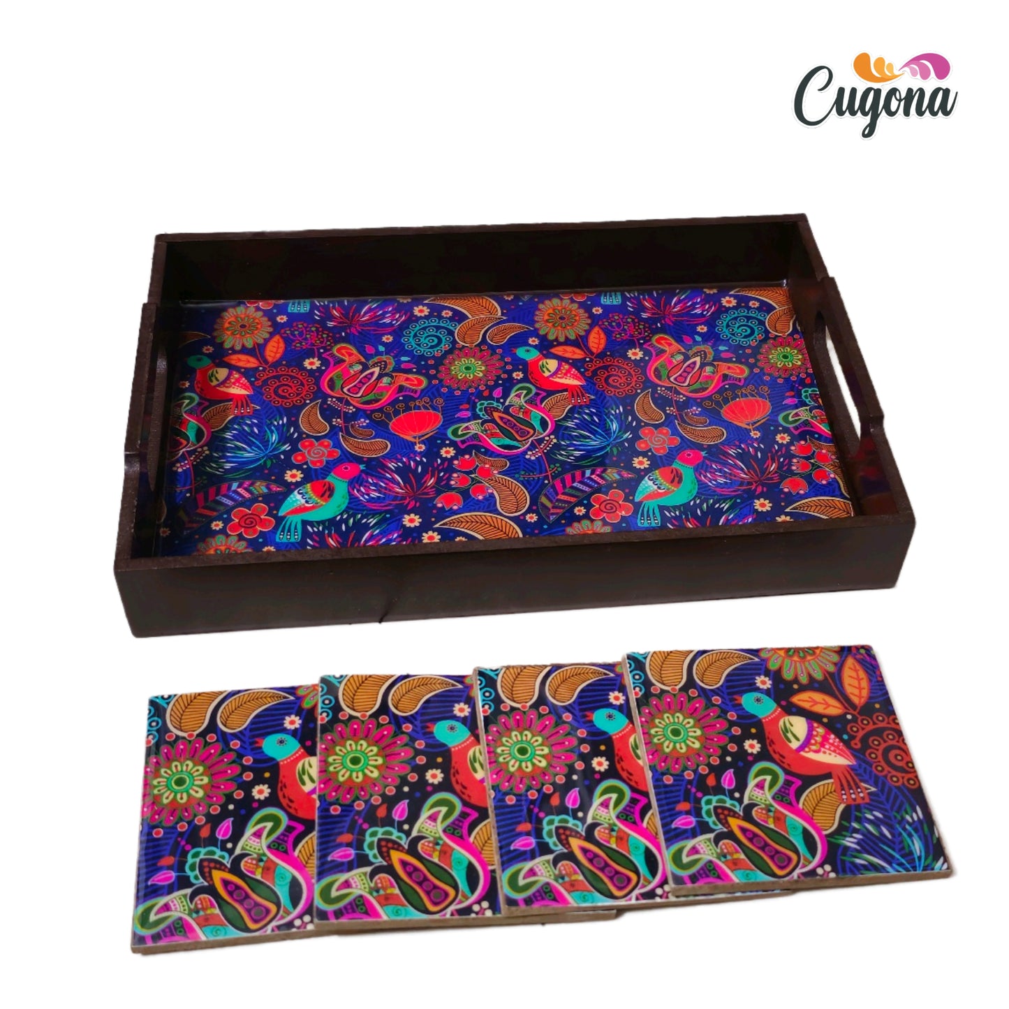 CUGONA® Wooden Serving Tray with Coaster Set of 4 - 12x8 Inch Rectangular Tray with Epoxy Resin Coating, Glossy Finish, Lightweight & Multipurpose for Serving, Organizing, and Home Decor