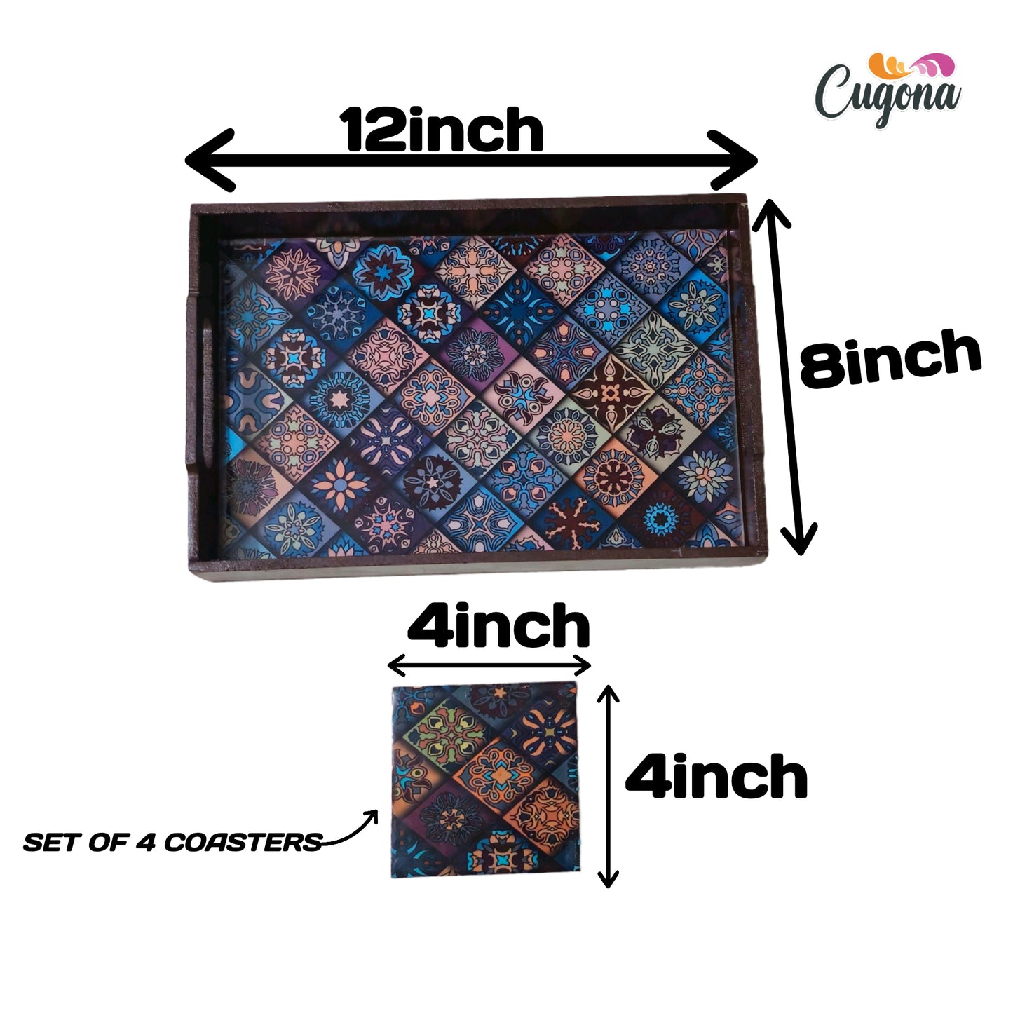 CUGONA® Wooden Serving Tray with Coaster Set of 4 - 12x8 Inch Rectangular Tray with Epoxy Resin Coating, Glossy Finish, Lightweight & Multipurpose for Serving, Organizing, and Home Decor