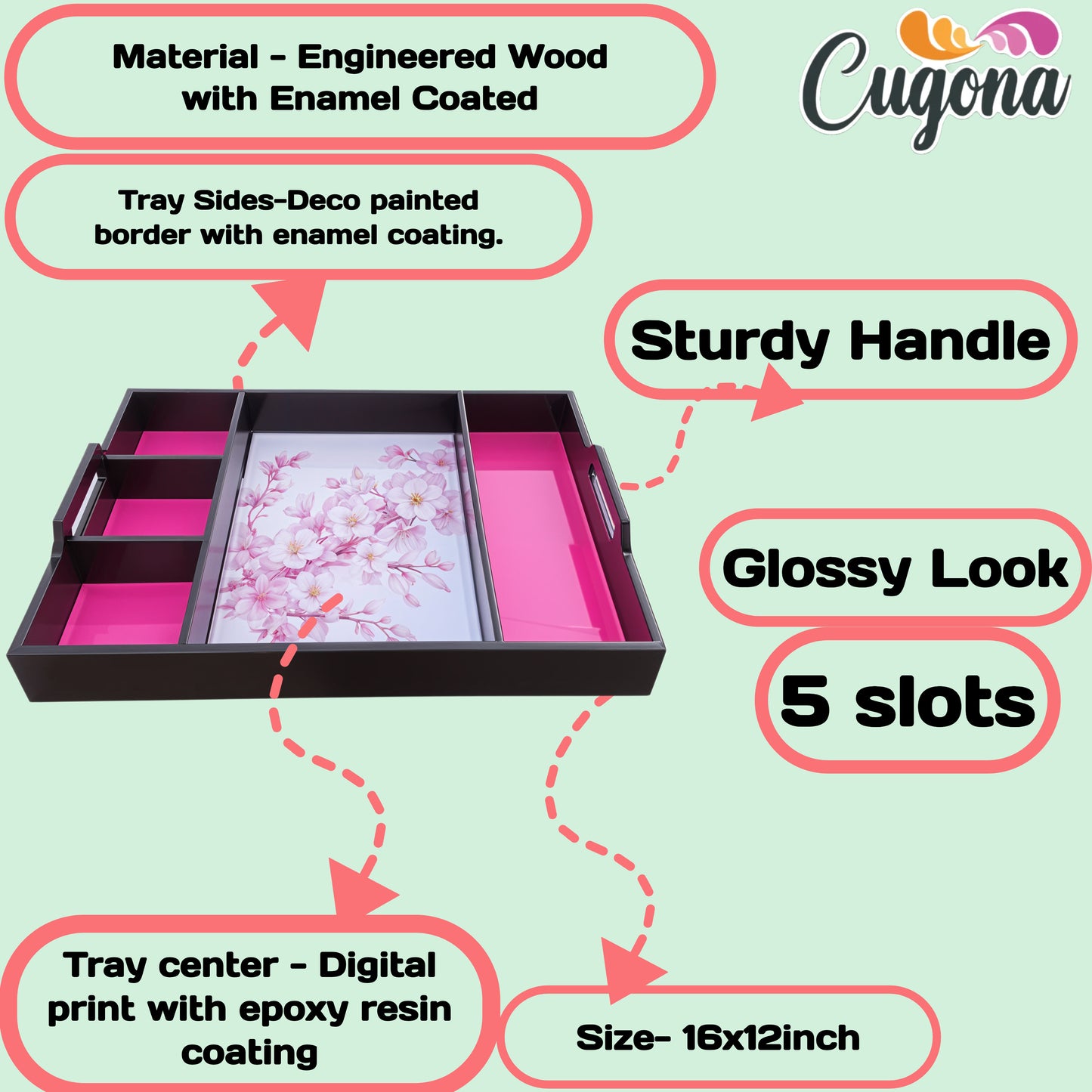 Wooden partition tray 5 Compartment Partition – Epoxy Resin Coating, 16x12 Inch