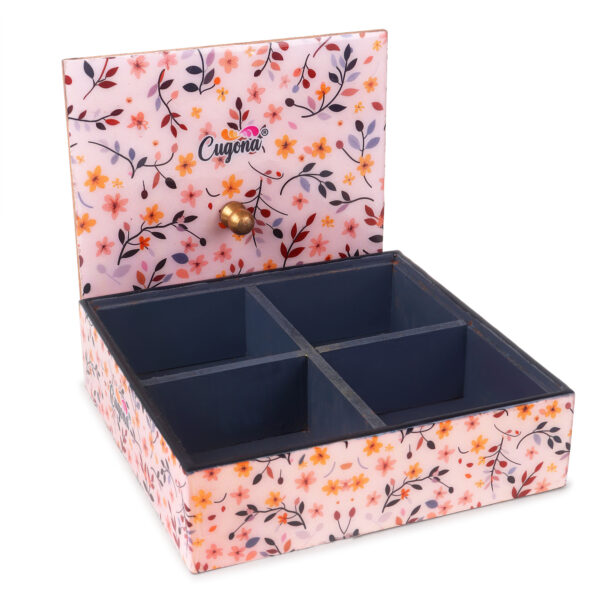 "Wooden multipurpose box with separate sections for organizing" - "Handcrafted wooden gift box for corporate events and weddings" - "Wooden snack box with lid for serving dry fruits and sweets"