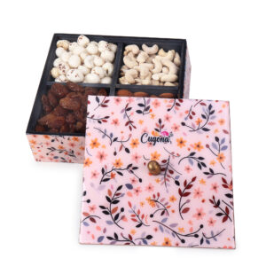 "Wooden multipurpose box with separate sections for organizing" - "Handcrafted wooden gift box for corporate events and weddings" - "Wooden snack box with lid for serving dry fruits and sweets"